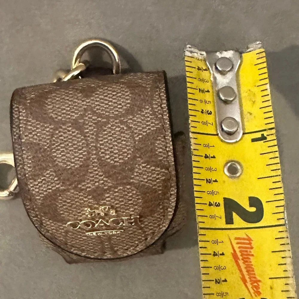 Coach Signature Canvas AirPods Case Charm Khaki Saddle Brown Gold Hardware